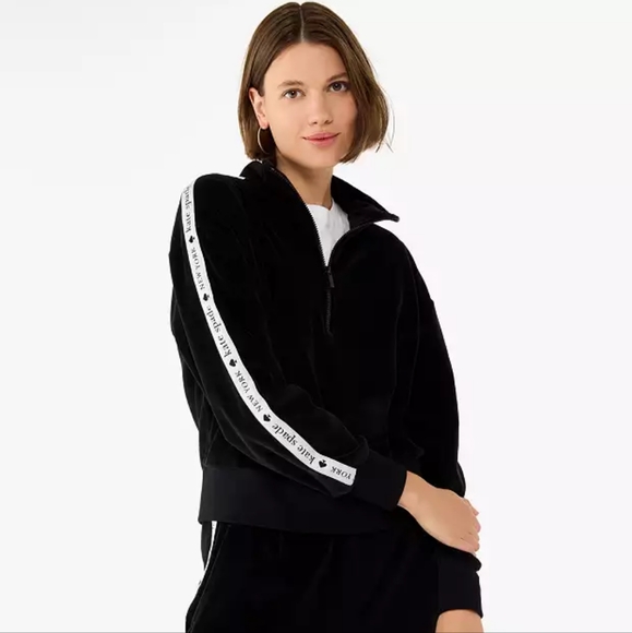kate spade Tops - NWT Kate Spade 1/4 Zip Cropped Velor Black Sweatshirt with Logo Sleeve - Sz XL